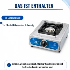 Edelstahl Gaskocher Campingkocher 1-flammig  mit Zündsicherung, 30 50 mbar