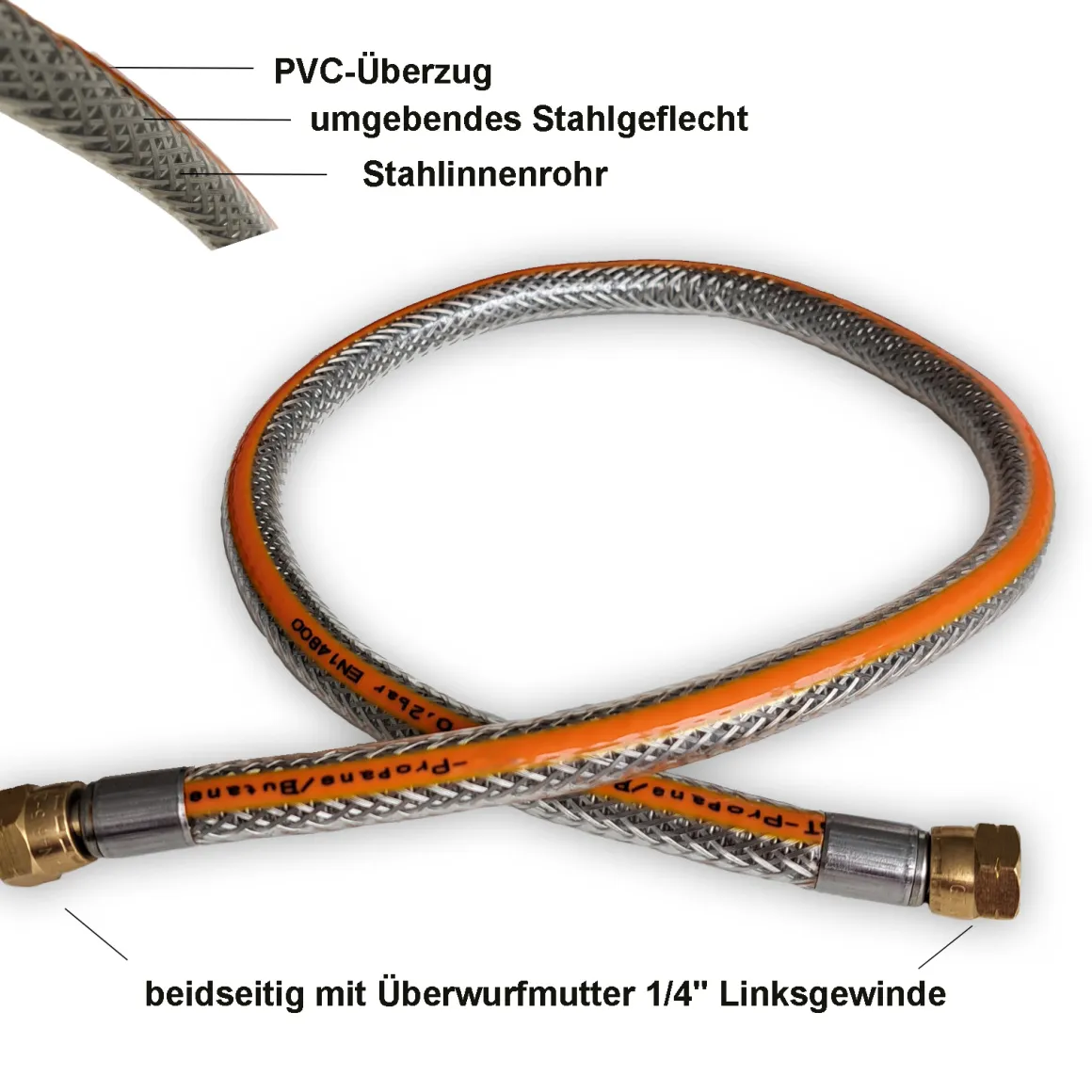 Edelstahl Gasschlauch 100cm mit PVC-Überzug, beidseitig mit Überwurfmutter 1/4 Linksgewinde