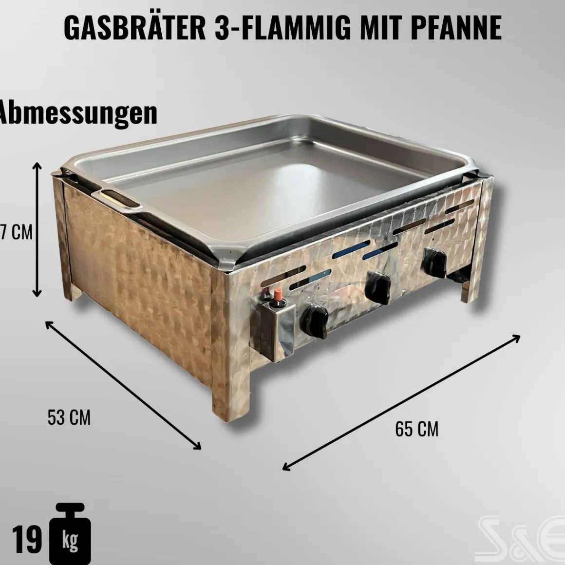 Edelstahl-Gastrobräter Grill 3-flammig mit Stahlblechpfanne