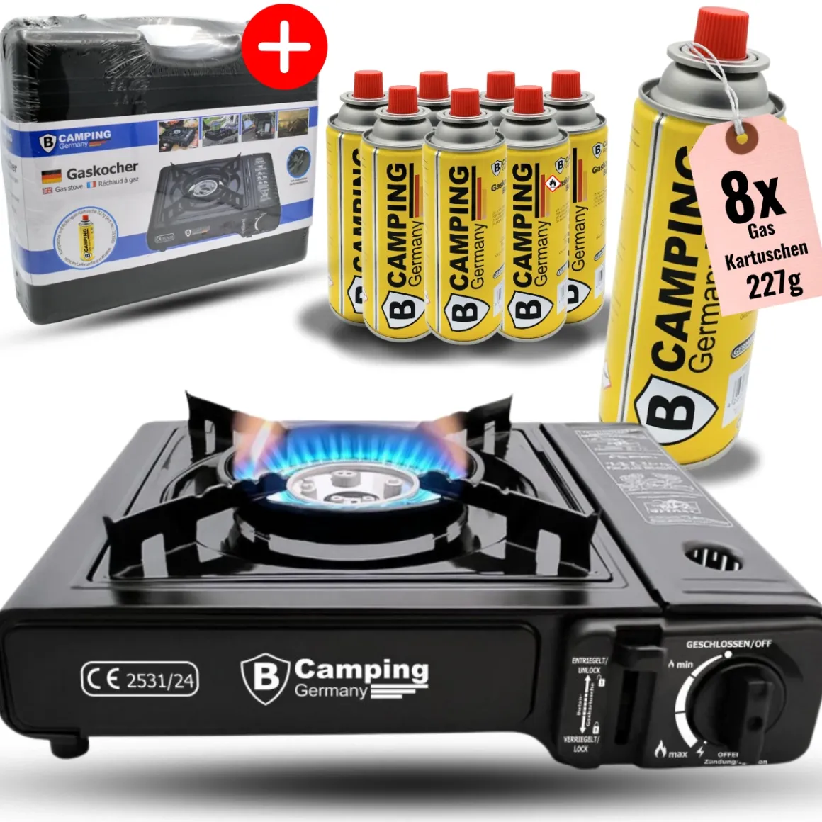 Gaskartuschen Camping Kocher 1-flammig, mit 8x Butangas Kartusche 227g