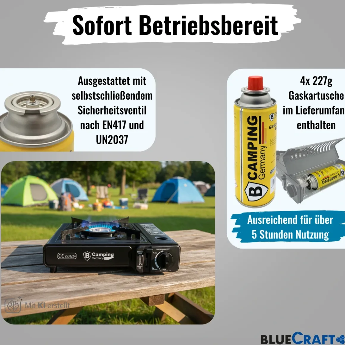 Gaskartuschen Camping Kocher 1-flammig, mit 4x Butangas Kartusche 227g