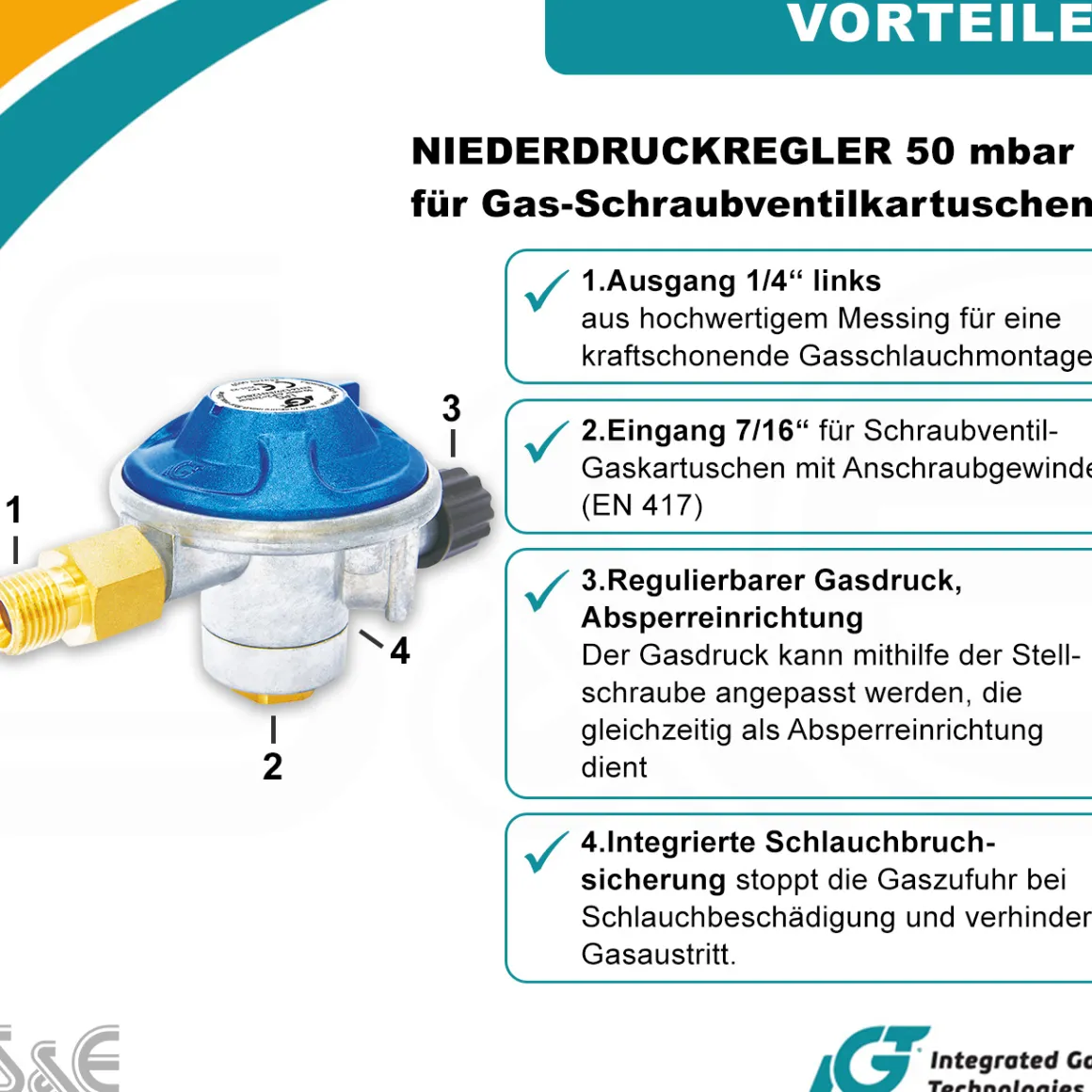 Gaskartuschen Druckminderer 50 mbar mit Schraubventil mit 2 in 1 Gasregler-Schlüssel