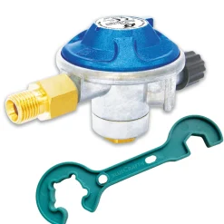 Gaskartuschen Druckminderer 50 mbar mit Schraubventil mit 2 in 1 Gasregler-Schlüssel