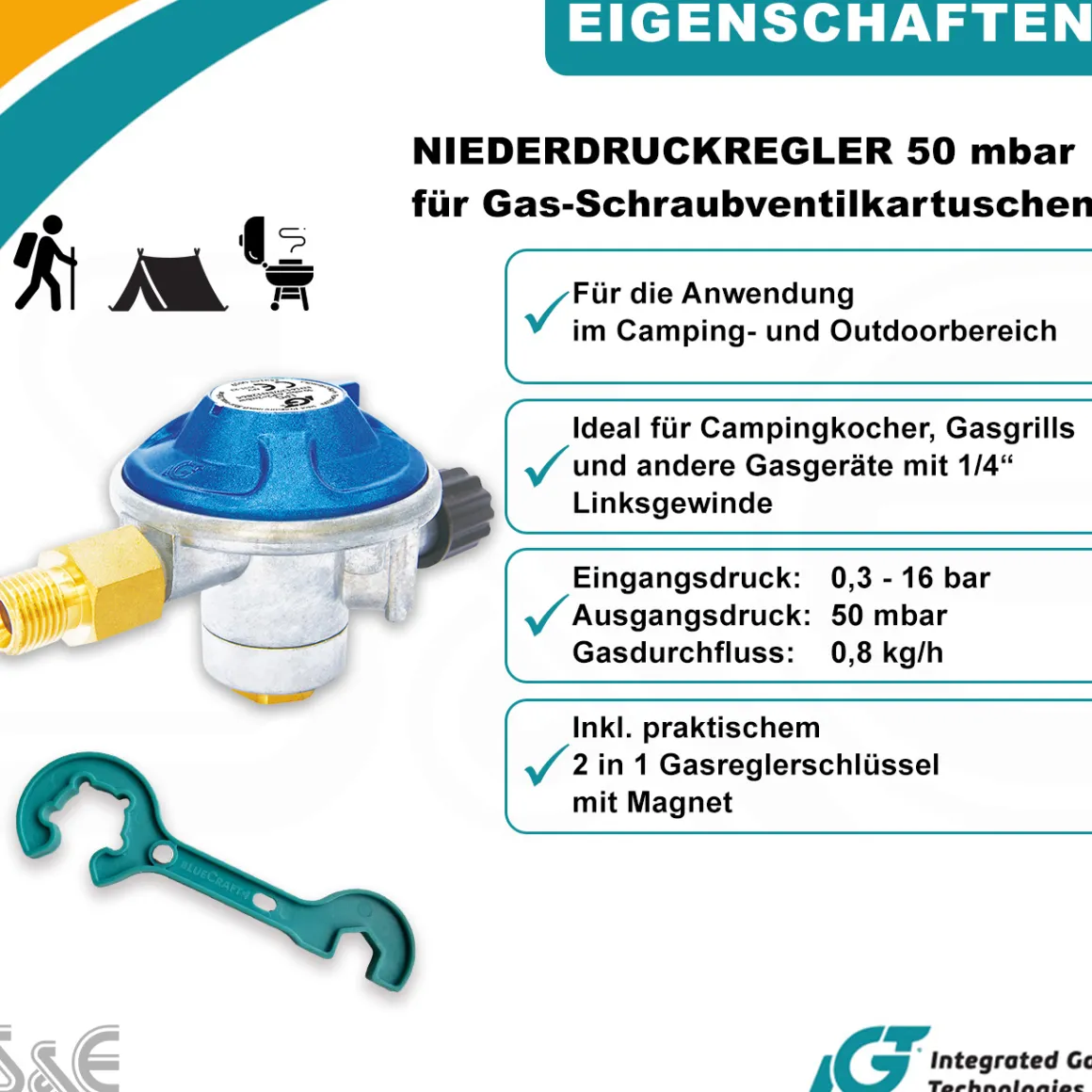 Gaskartuschen Druckminderer 50 mbar mit Schraubventil mit 2 in 1 Gasregler-Schlüssel