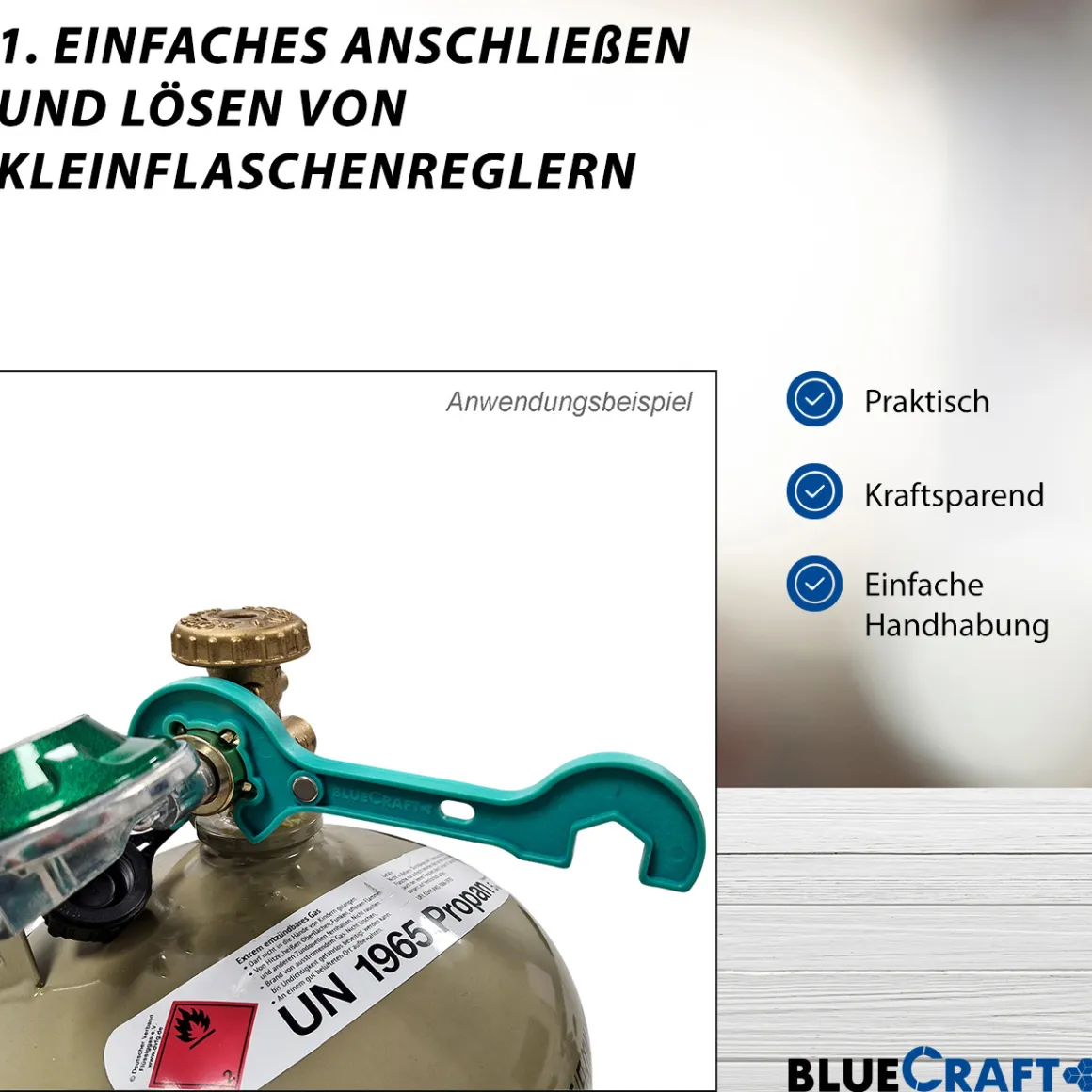 Gaskartuschen Druckminderer 50 mbar mit Schraubventil mit 2 in 1 Gasregler-Schlüssel