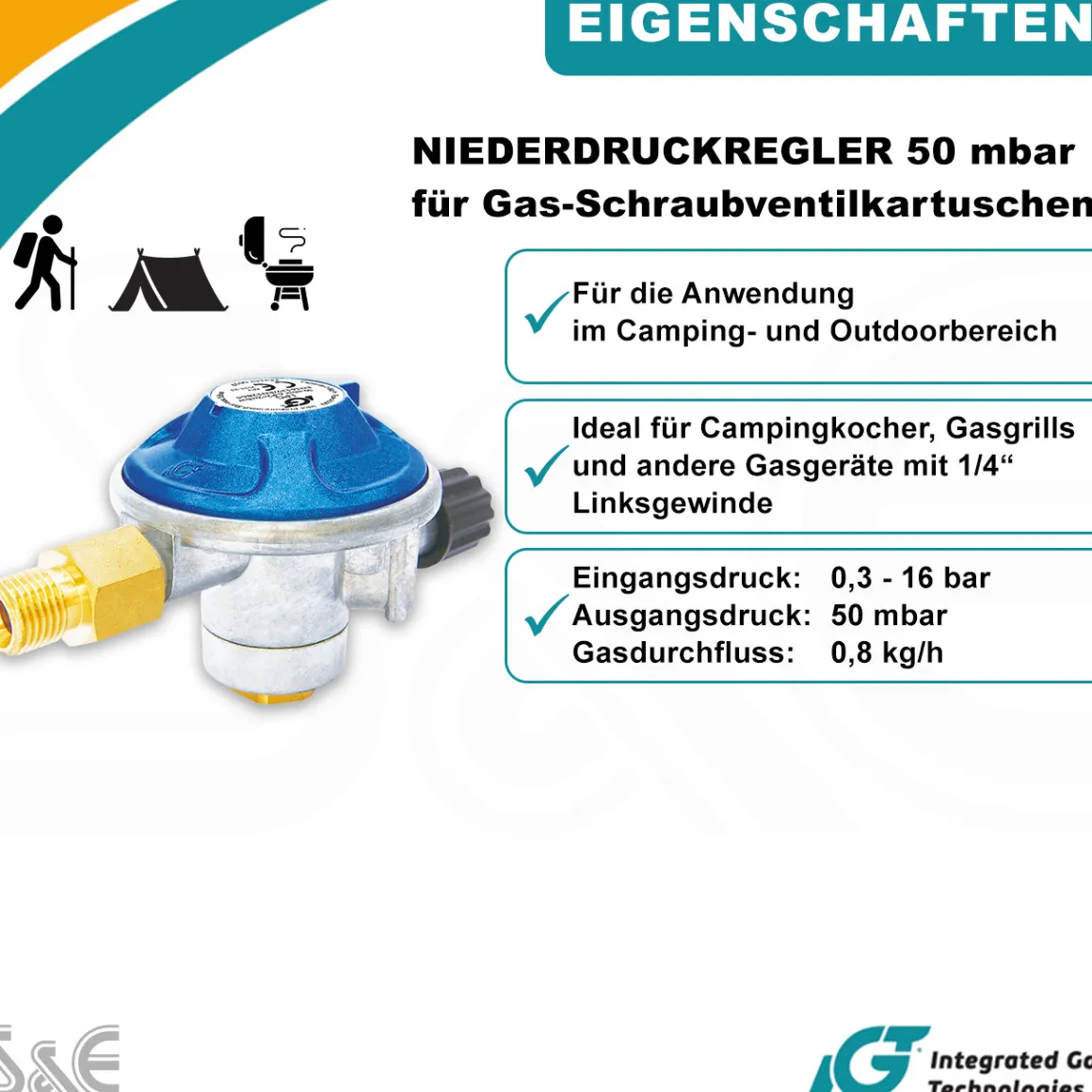 Gaskartuschen Druckminderer 50 mbar mit Schraubventil