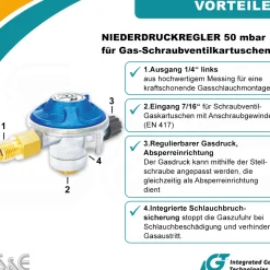 Gaskartuschen Druckminderer 50 mbar mit Schraubventil