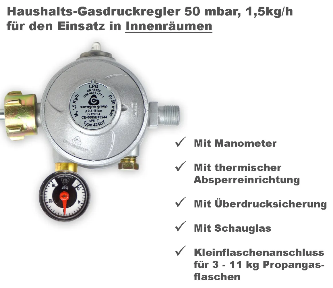 Haushalts-Gasdruckregler 50 mbar für Innenräume Druckminderer für Propan-Gasflaschen mit Gasregler-Schlüssel 2 in 1