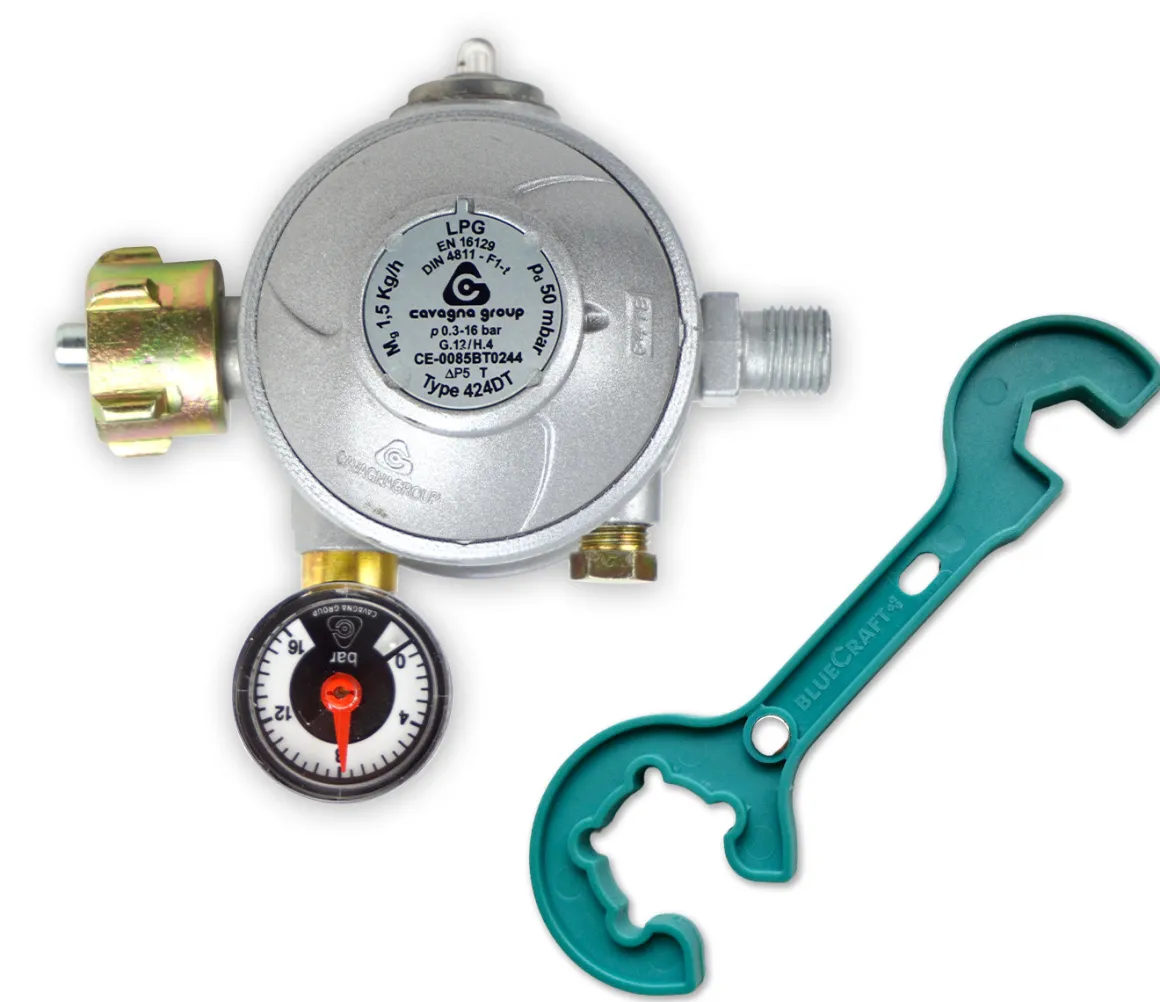 Haushalts-Gasdruckregler 50 mbar für Innenräume Druckminderer für Propan-Gasflaschen mit Gasregler-Schlüssel 2 in 1