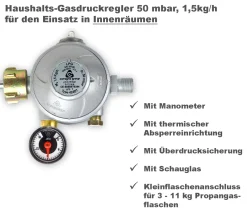 Haushalts-Gasdruckregler 50 mbar für Innenräume Druckminderer für Propan-Gasflaschen