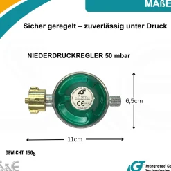 50 mbar Camping Gasregler Druckminderer  mit 100 cm Gasschlauch + Gasflaschenschlüssel
