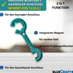 50 mbar Camping Gasregler Druckminderer  mit 100 cm Gasschlauch + Gasflaschenschlüssel