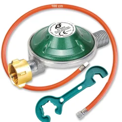 50 mbar Camping Gasregler Druckminderer  mit 100 cm Gasschlauch + Gasflaschenschlüssel