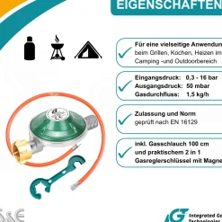 50 mbar Camping Gasregler Druckminderer  mit 100 cm Gasschlauch + Gasflaschenschlüssel