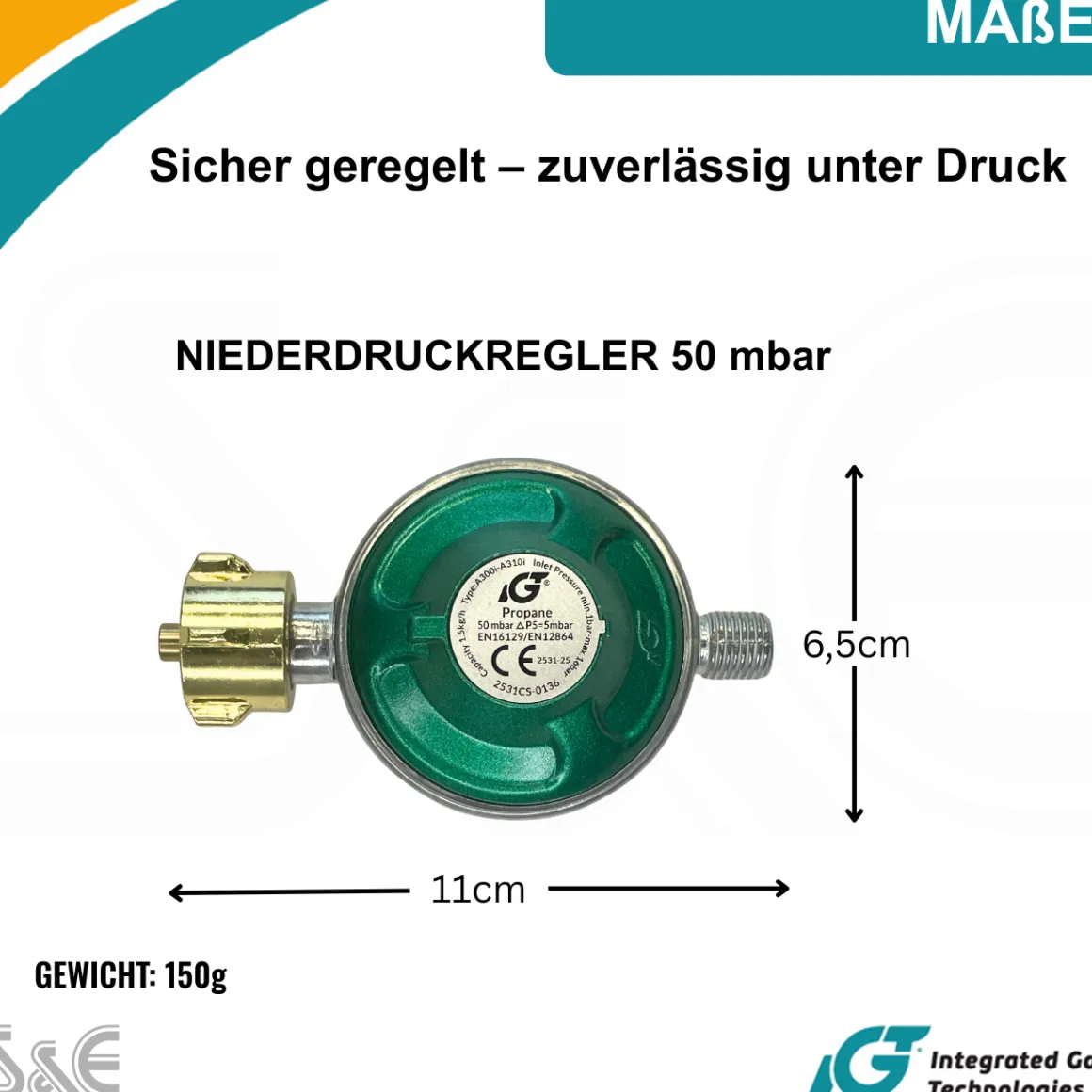 50 mbar Camping Gasregler Druckminderer mit 150 cm Gasschlauch