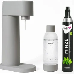 MySoda Sprudler Woody Grau  mit CO2 Aromazylinder Minze & 1L Flasche