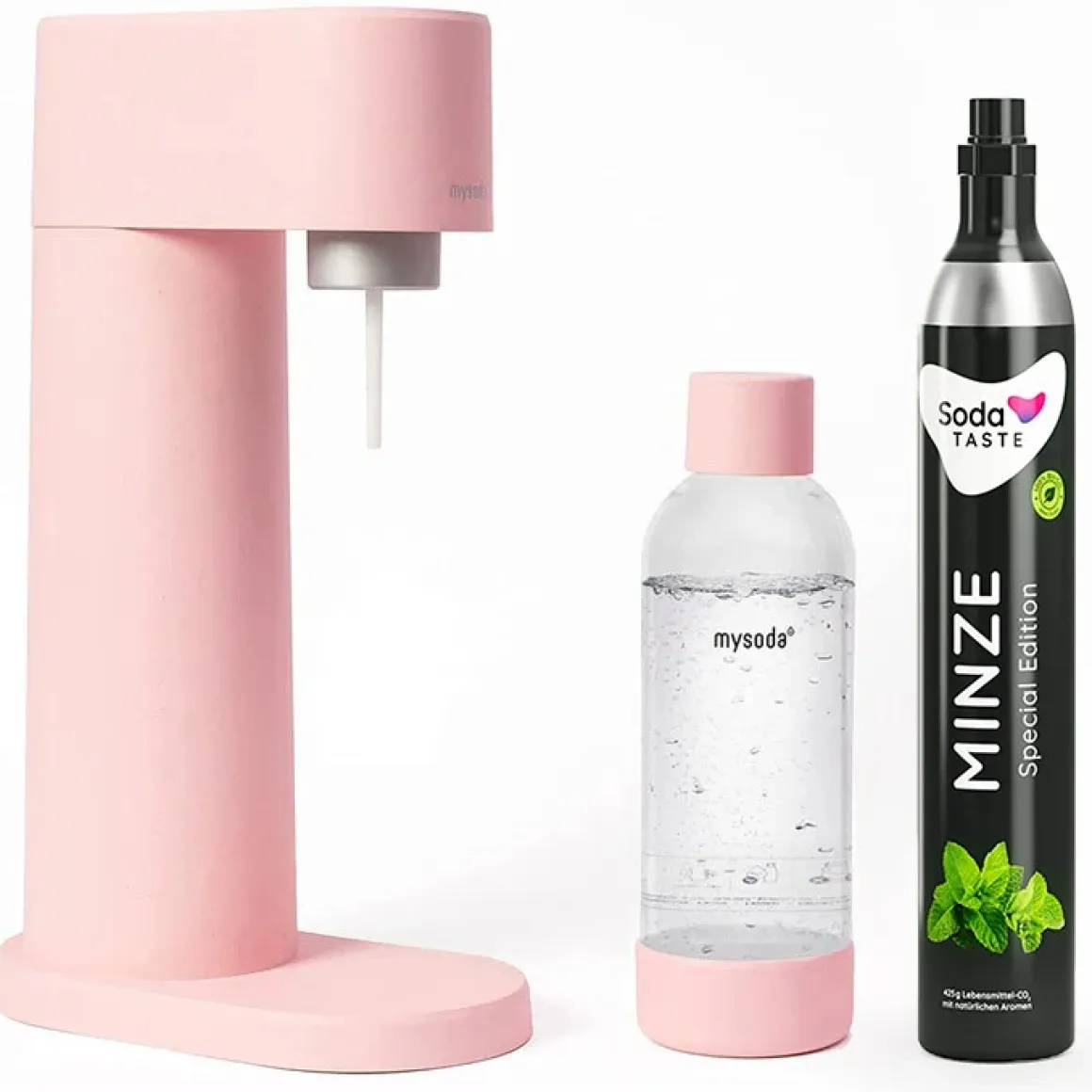 MySoda Sprudler Woody Rosa mit CO2 Aromazylinder Minze & 1L Flasche