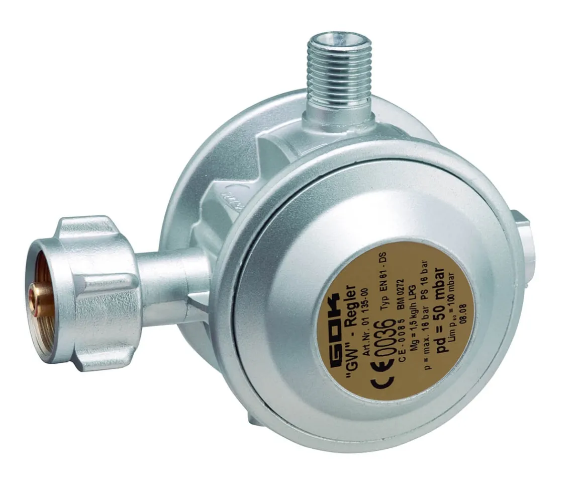 Niederdruckregler 50 mbar / 90° Flüssigas Druckregler ND-Regler 50 mbar für gewerblich genutzte Flaschenanlagen