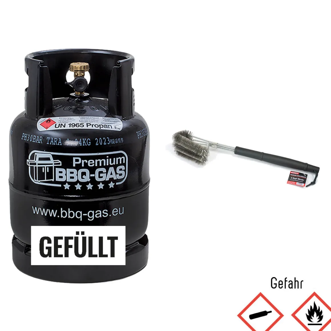 Premium BBQ-GAS Flasche 8 kg gefüllt & Grillbürste inkl 8 kg Propangas nach DIN 51622