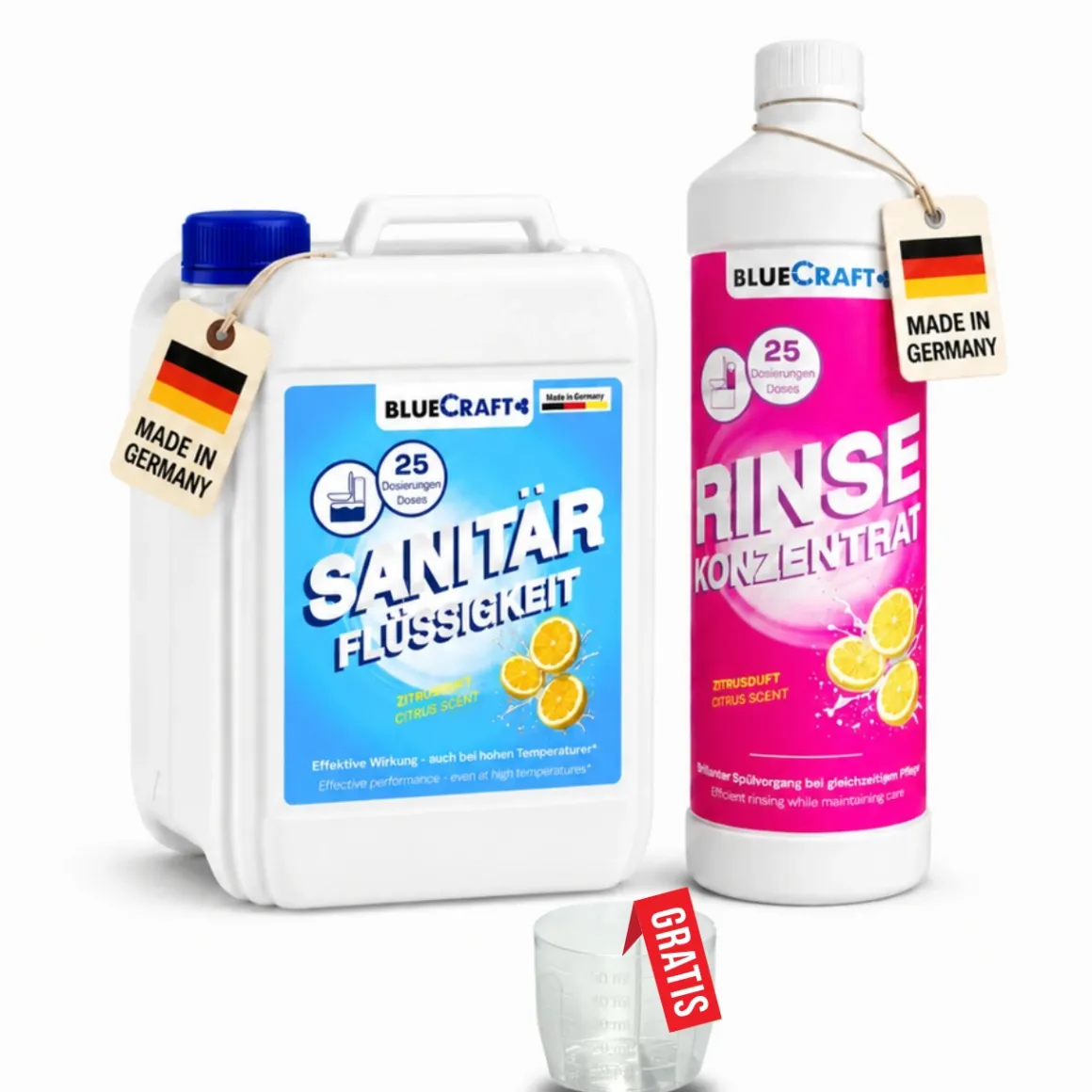 Sanitärzusatz Set mit Sanitärflüssigkeiten - für Abwasser- & Spülwassertank der Campingtoilette inkl. Dosierbecher