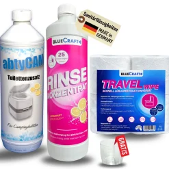 Sanitärzusatz Set mit Toilettenpapier -  Sanitärflüssigkeiten für Abwasser- & Spülwassertank der Campingtoilette