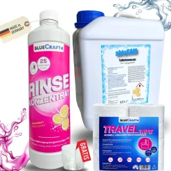 Sanitärzusatz Set mit Toilettenpapier - Sanitärflüssigkeiten für Abwasser- & Spülwassertank der Campingtoilette