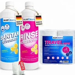 Sanitärzusatz Set mit Toilettenpapier -  Sanitärflüssigkeiten für Abwasser- & Spülwassertank der Campingtoilette