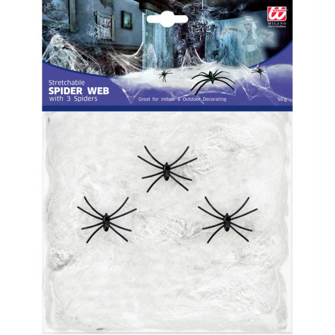 Widmann Weißes Spinnennetz 50g - Halloween-Deko mit 3 Spinnen