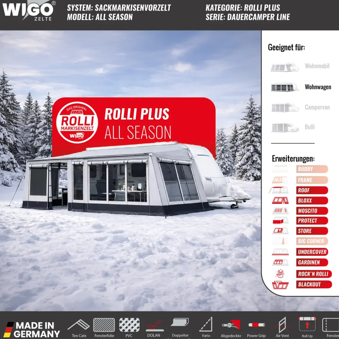 WIGO Vorzelt Rolli Plus All Season Dauercamper | Größe 7 | Umlaufmaß 911 945 cm