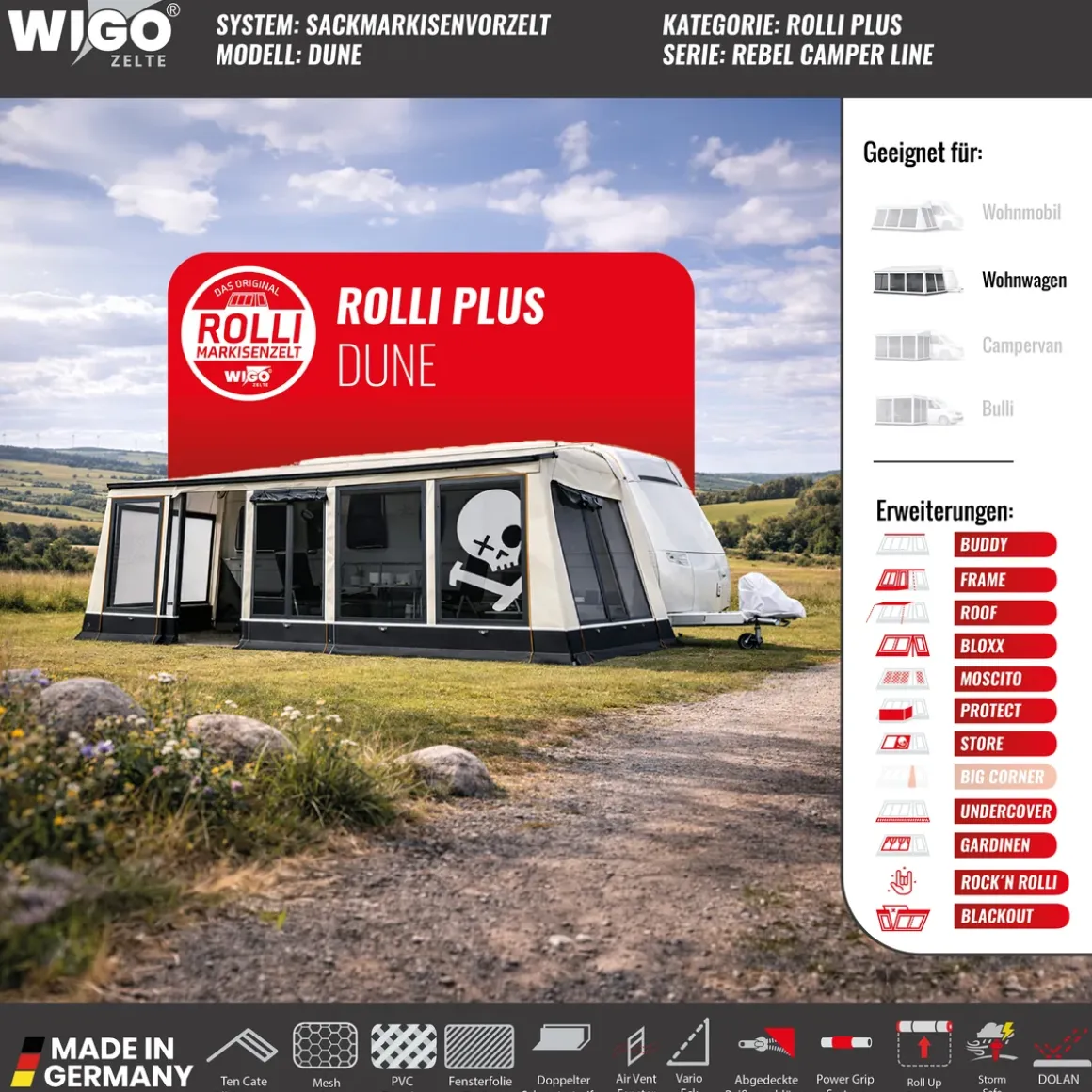 WIGO Vorzelt Rolli Plus Dune | Größe 7 | Umlaufmaß 911 945 cm
