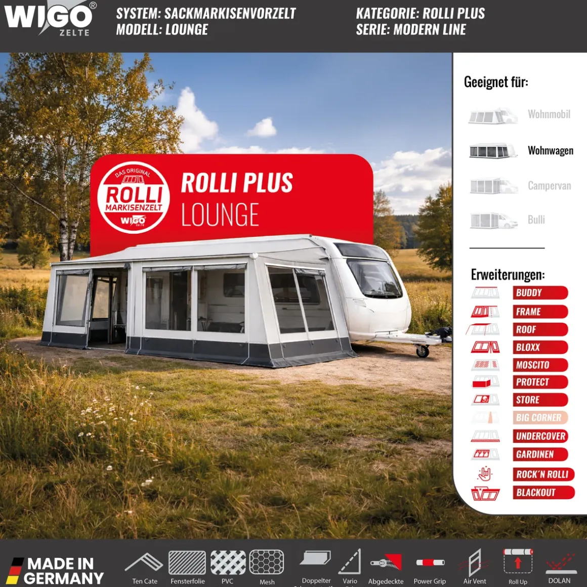 WIGO Vorzelt Rolli Plus Lounge | Größe 5 | Umlaufmaß 841 875 cm