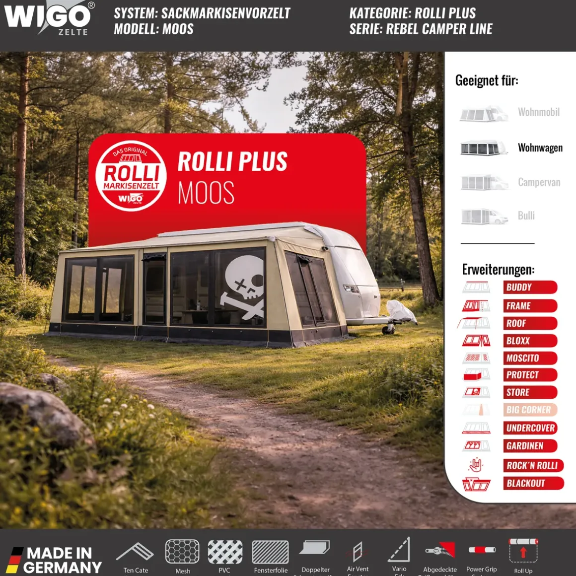 WIGO Vorzelt Rolli Plus Moos | Größe 7 | Umlaufmaß 911 945 cm