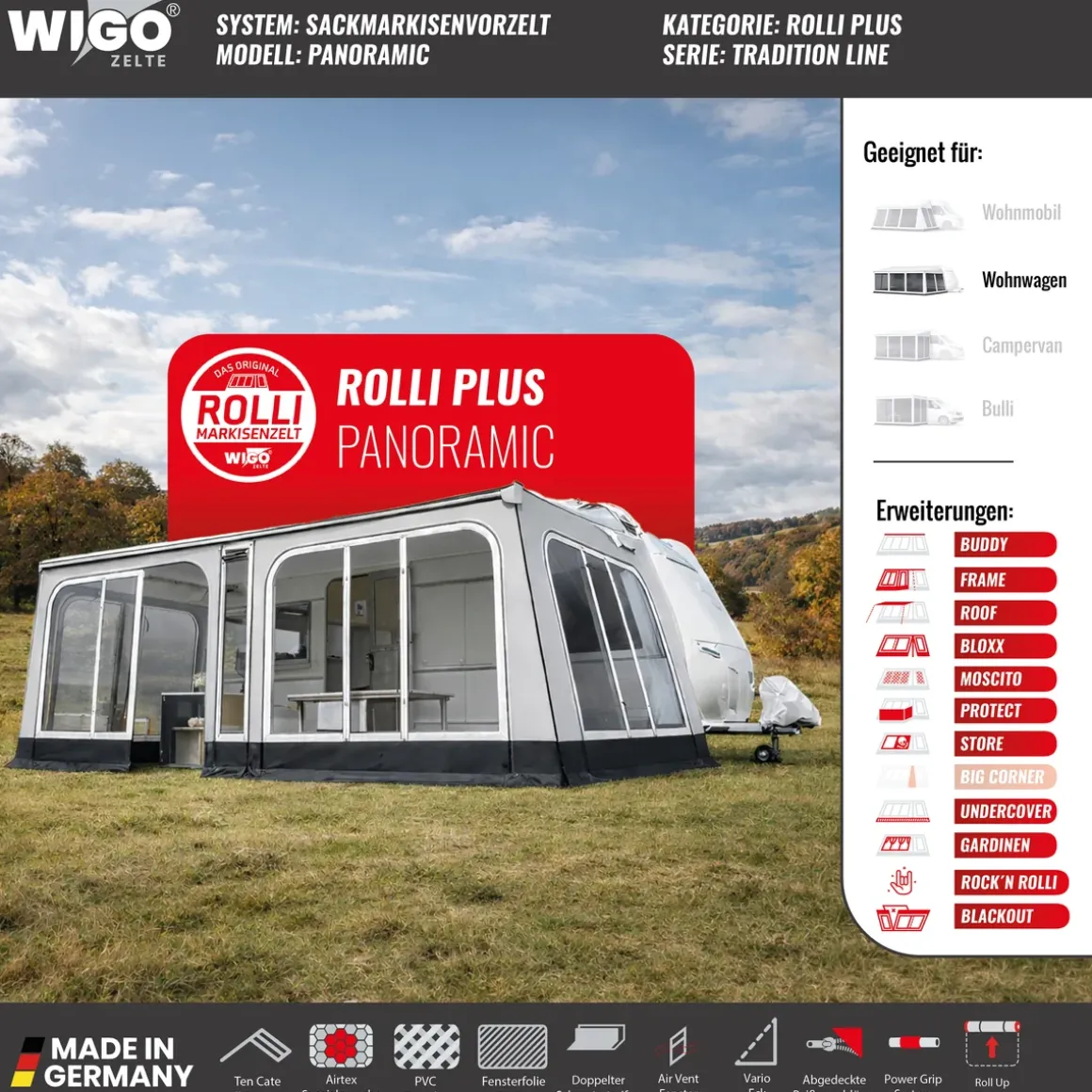 WIGO Vorzelt Rolli Plus Panoramic Größe 5 Umlaufmaß 841 x 875 cm