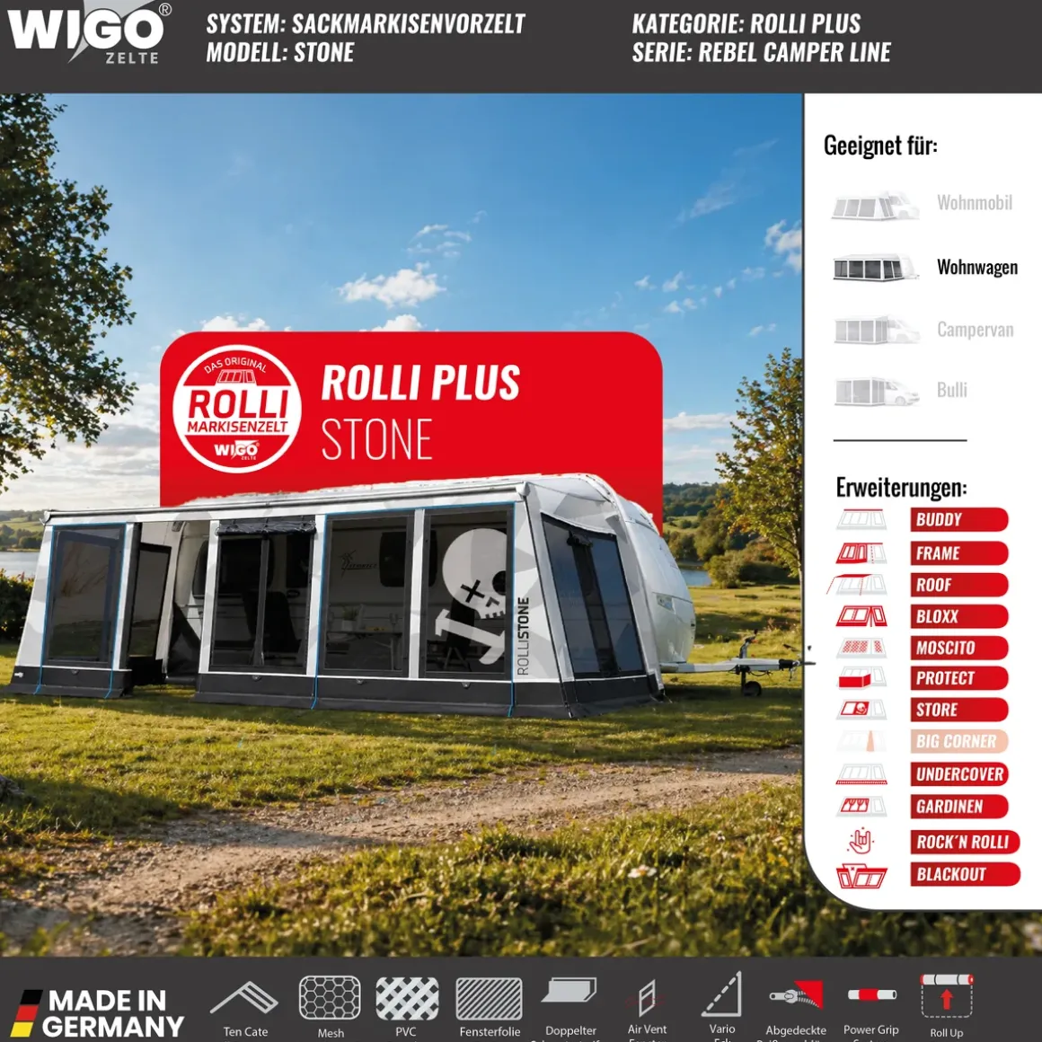 WIGO Vorzelt Rolli Plus Stone | Größe 7 | Umlaufmaß 911 945 cm