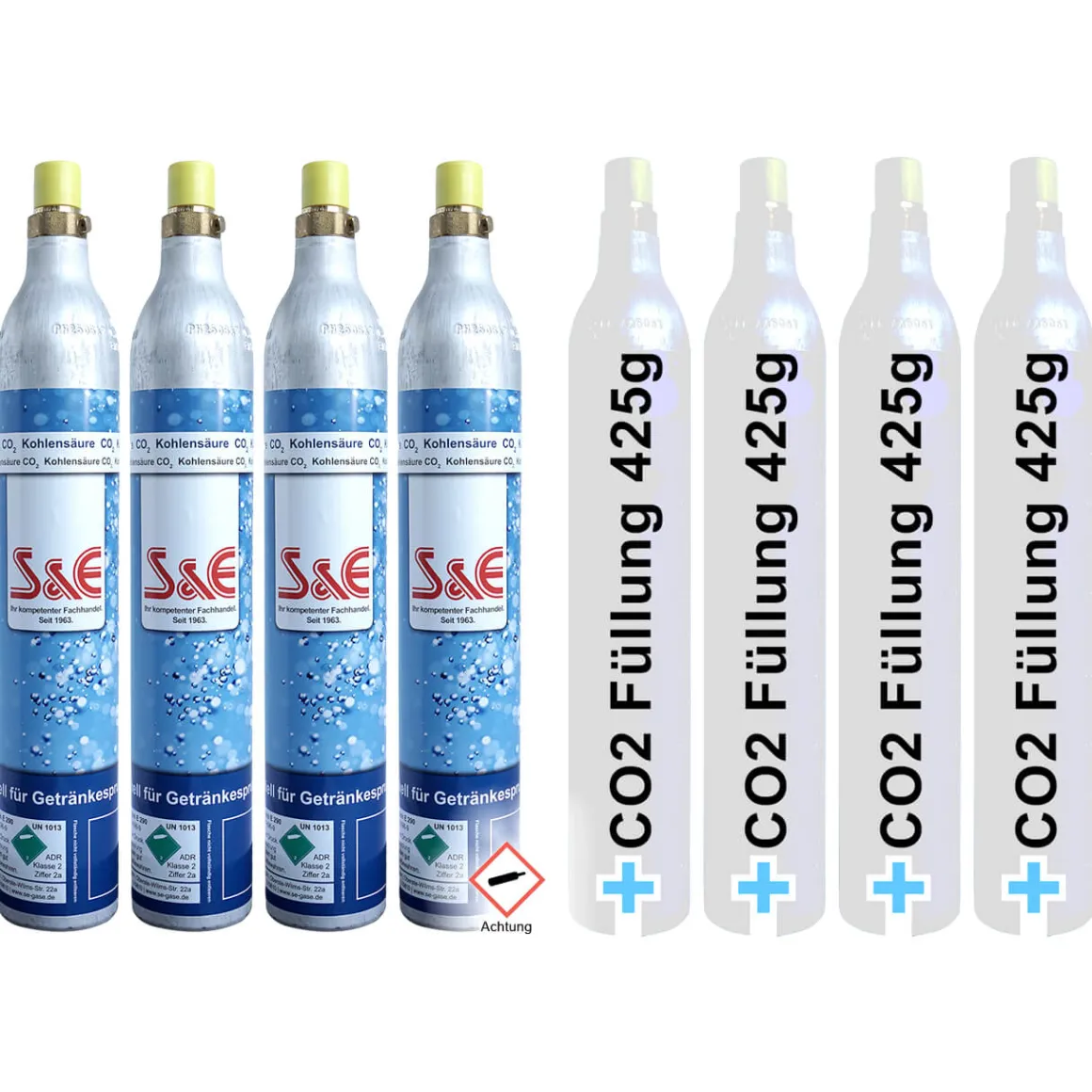 4 x CO2 Reserve-Zylinder 425 g Kohlensäure mit Füllung 60 l für Sprudlergeräte z. B. Soda Stream
