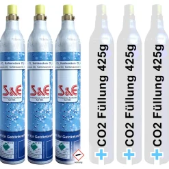3 x CO2 Reserve-Zylinder 425 g Kohlensäure mit Füllung 60l für Sprudlergeräte z. B. Soda Stream