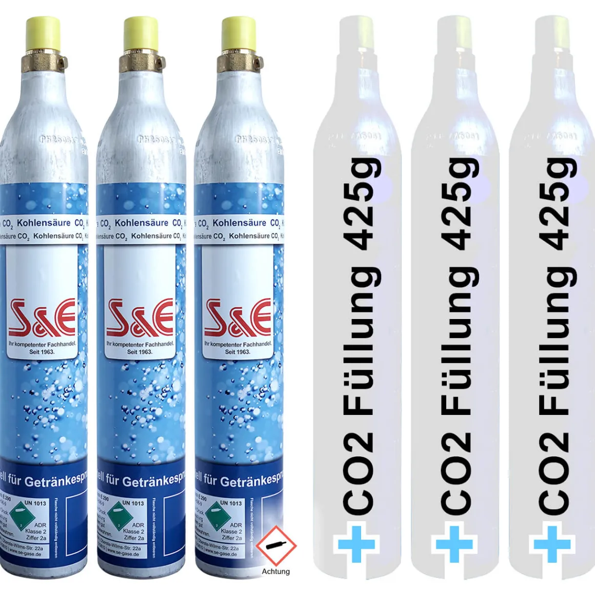 3 x CO2 Reserve-Zylinder 425 g Kohlensäure mit Füllung 60l für Sprudlergeräte z. B. Soda Stream