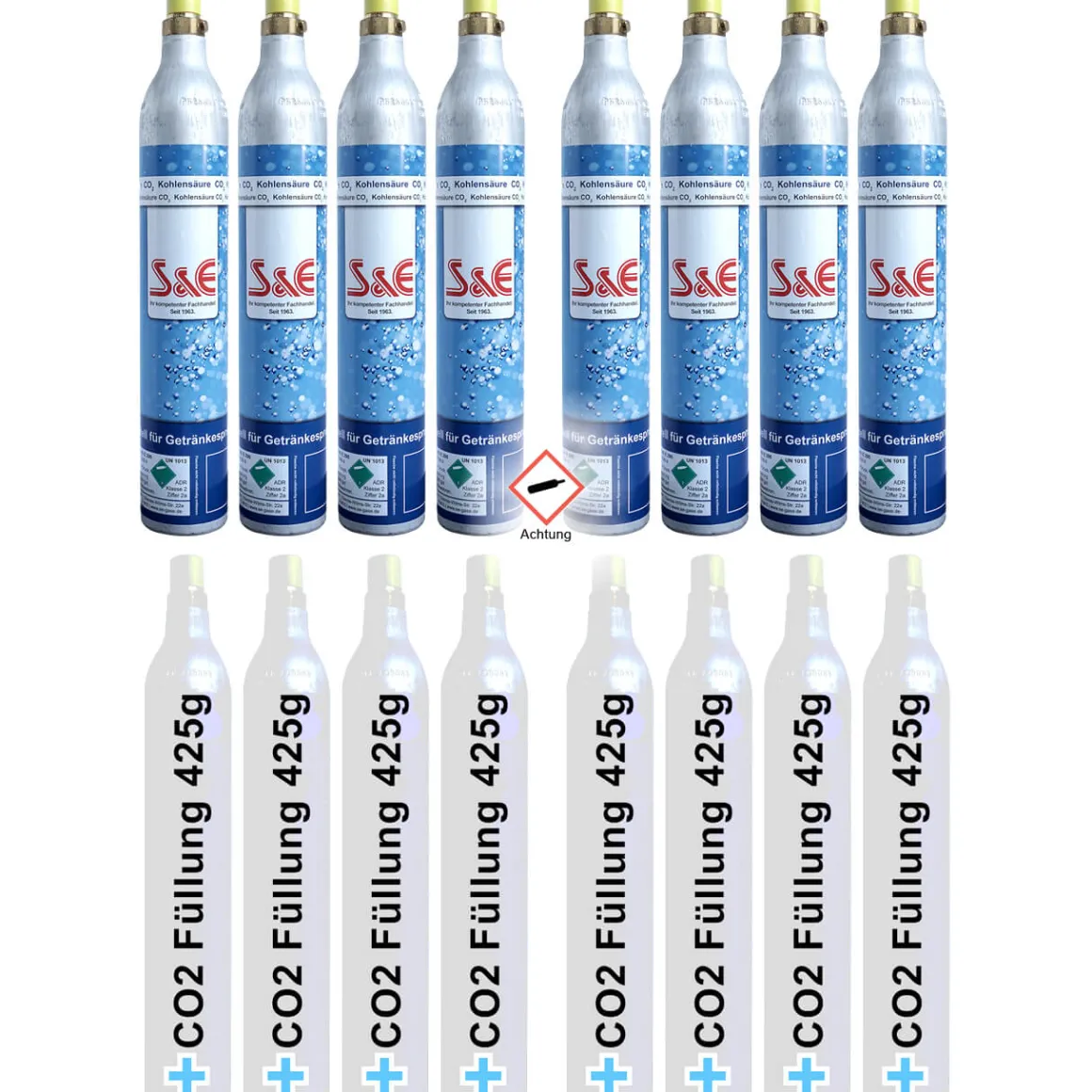 8 x CO2 Zylinder Kohlensäure 425 g Flasche mit Füllung bis zu je 60 L f. Soda-Stream Wasser-M