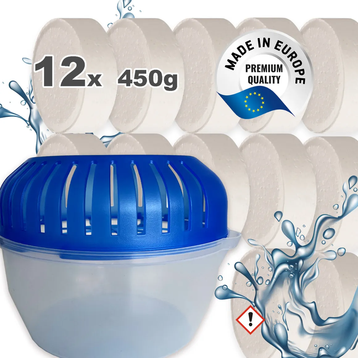 12x 450g Luftentfeuchter Granulat Tabs neutral mit Raumentfeuchter Box