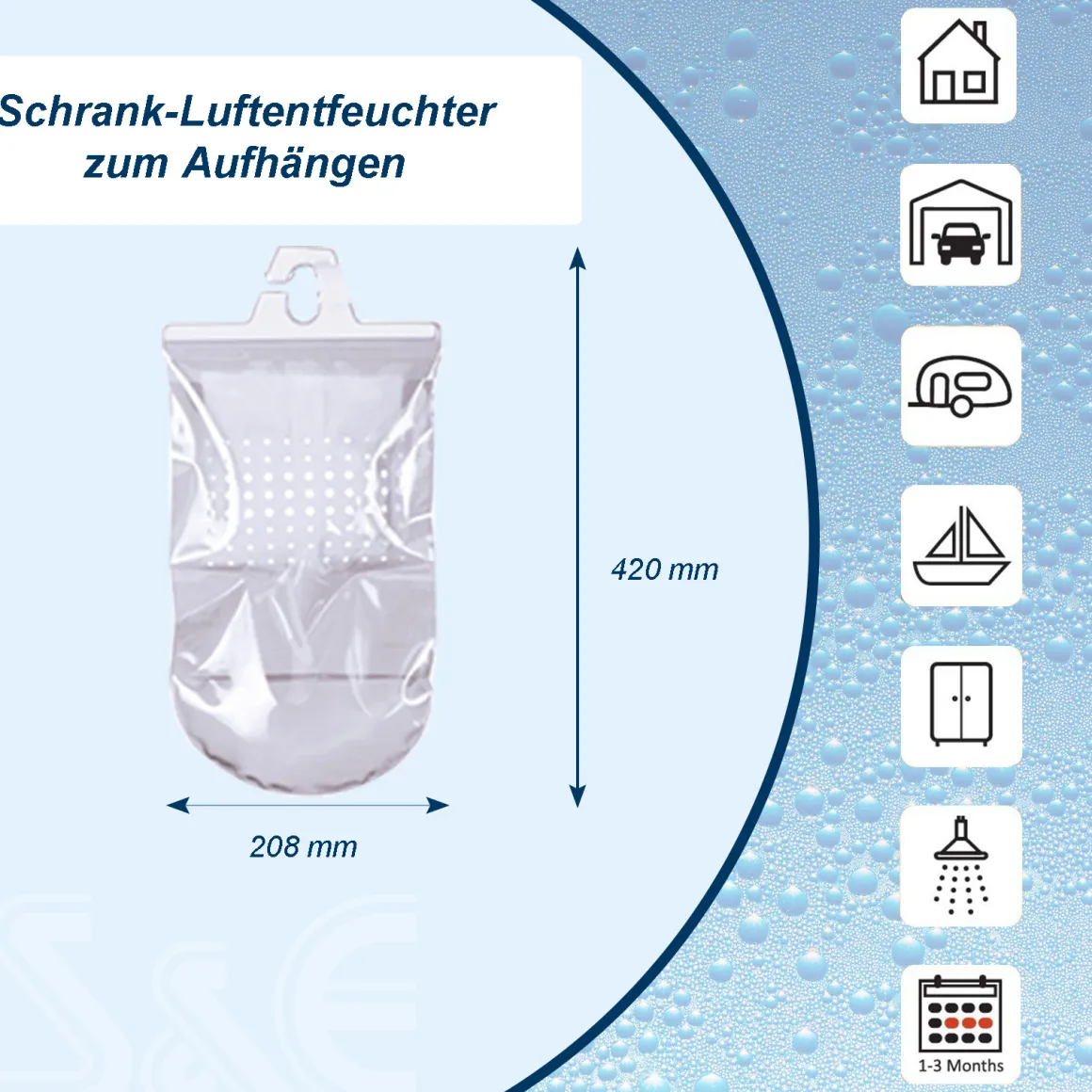 3x Kleiderschrank Luftentfeuchter zum Aufhängen mit je 450g Granulat im Vliesbeutel parfümiert