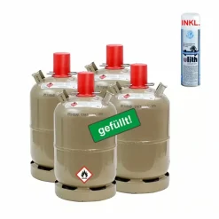 4x Propan-Gasflasche 11 kg gefüllt  mit Lecksuchspray für Camping, Gasgrill, Gaskocher